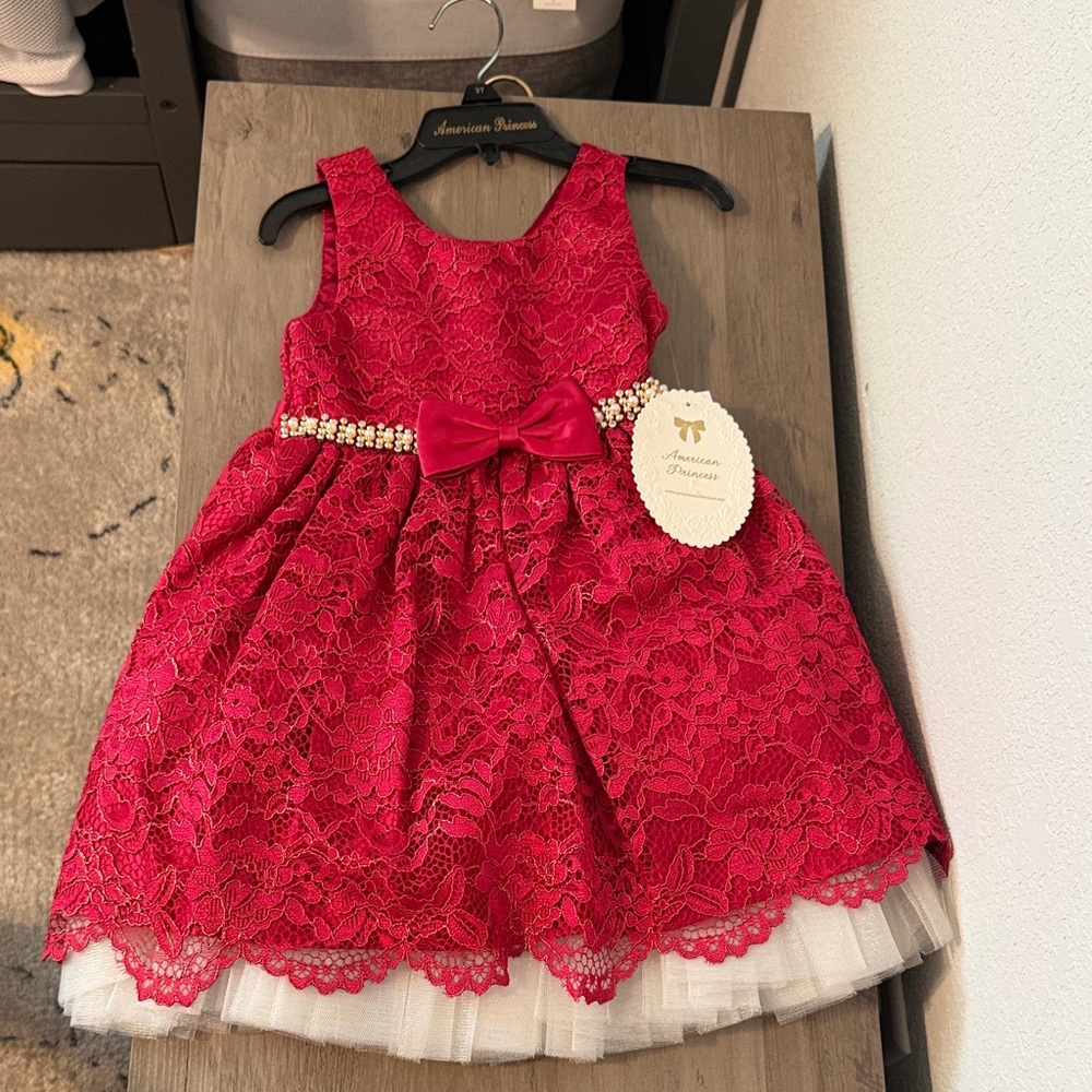 American Princess Vibrant Red Lace Dress with Bow